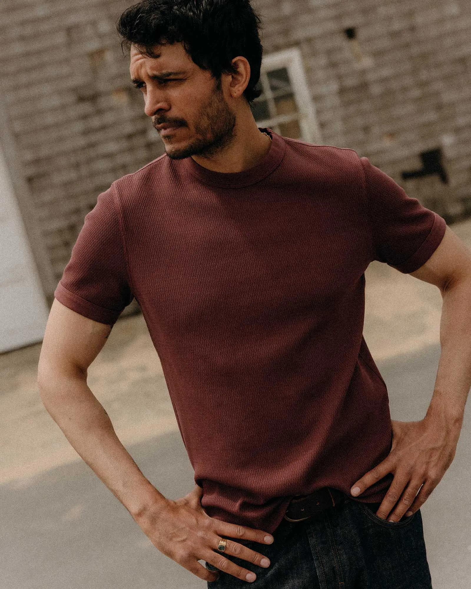 Stretch performance Durable Color Retention The Organic Cotton Short Sleeve Crew in Burgundy Waffle