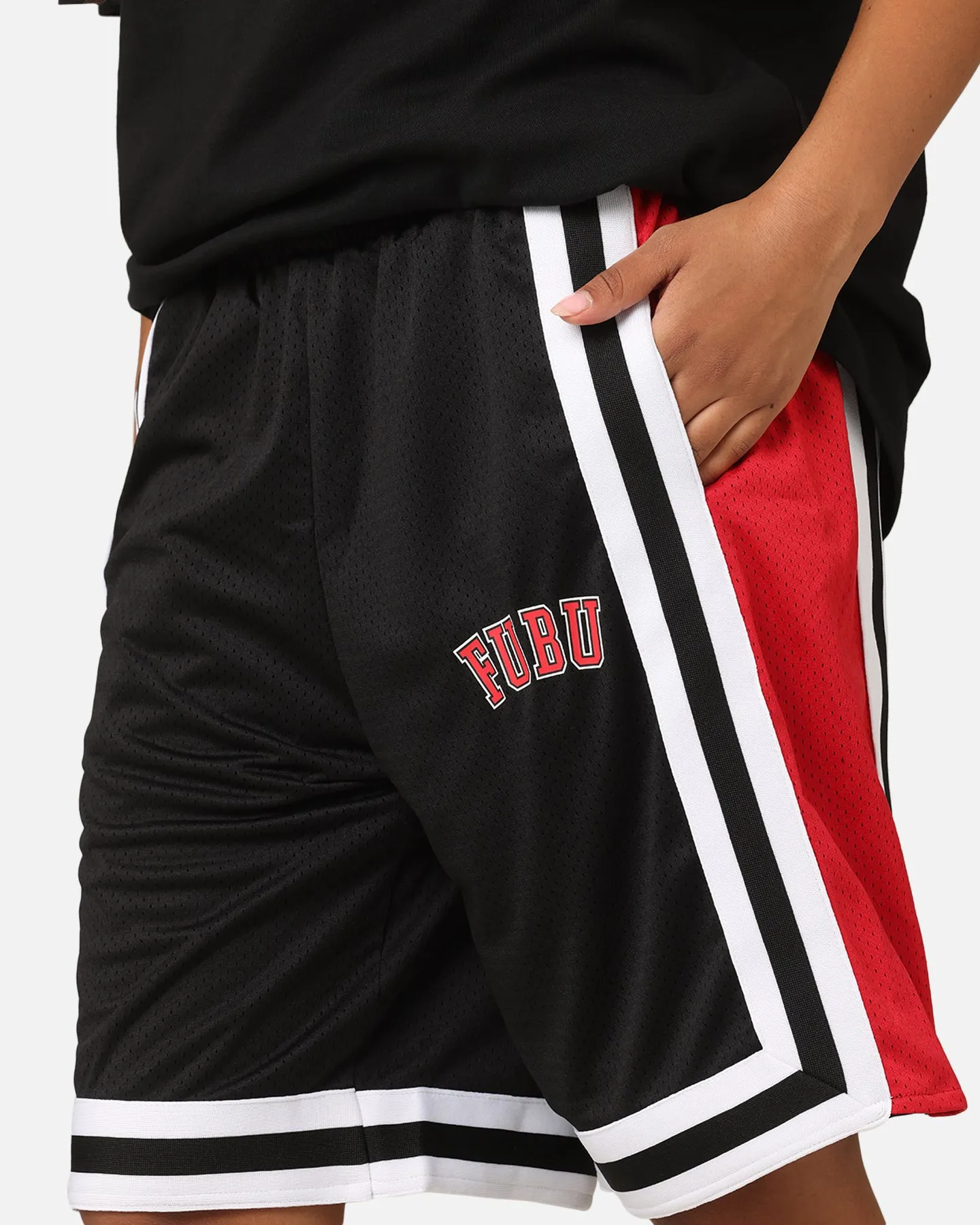 Comfortable Design All Day Wear Fubu College Mesh Shorts Black/Red/White
