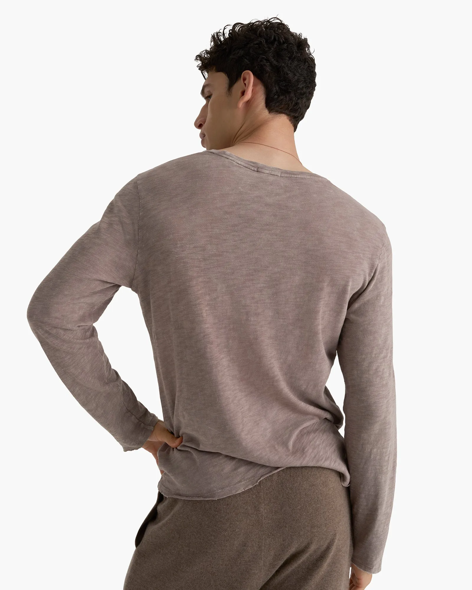 Sporty Active Wear simple design Slub Jersey Long Sleeve Destroyed Wash Tee - Faded Mocha