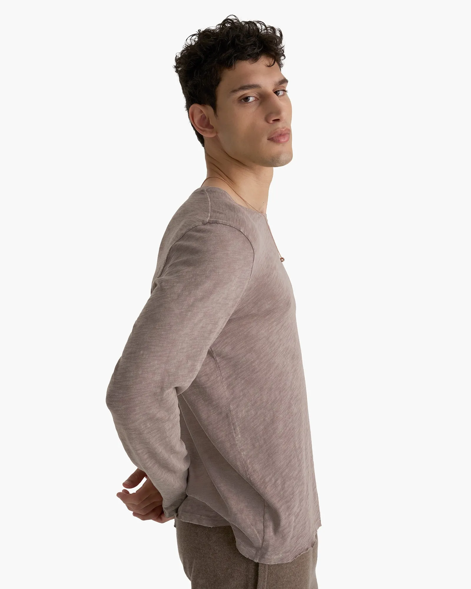 Breathable Cotton Fabric Slub Jersey Long Sleeve Destroyed Wash Tee - Faded Mocha