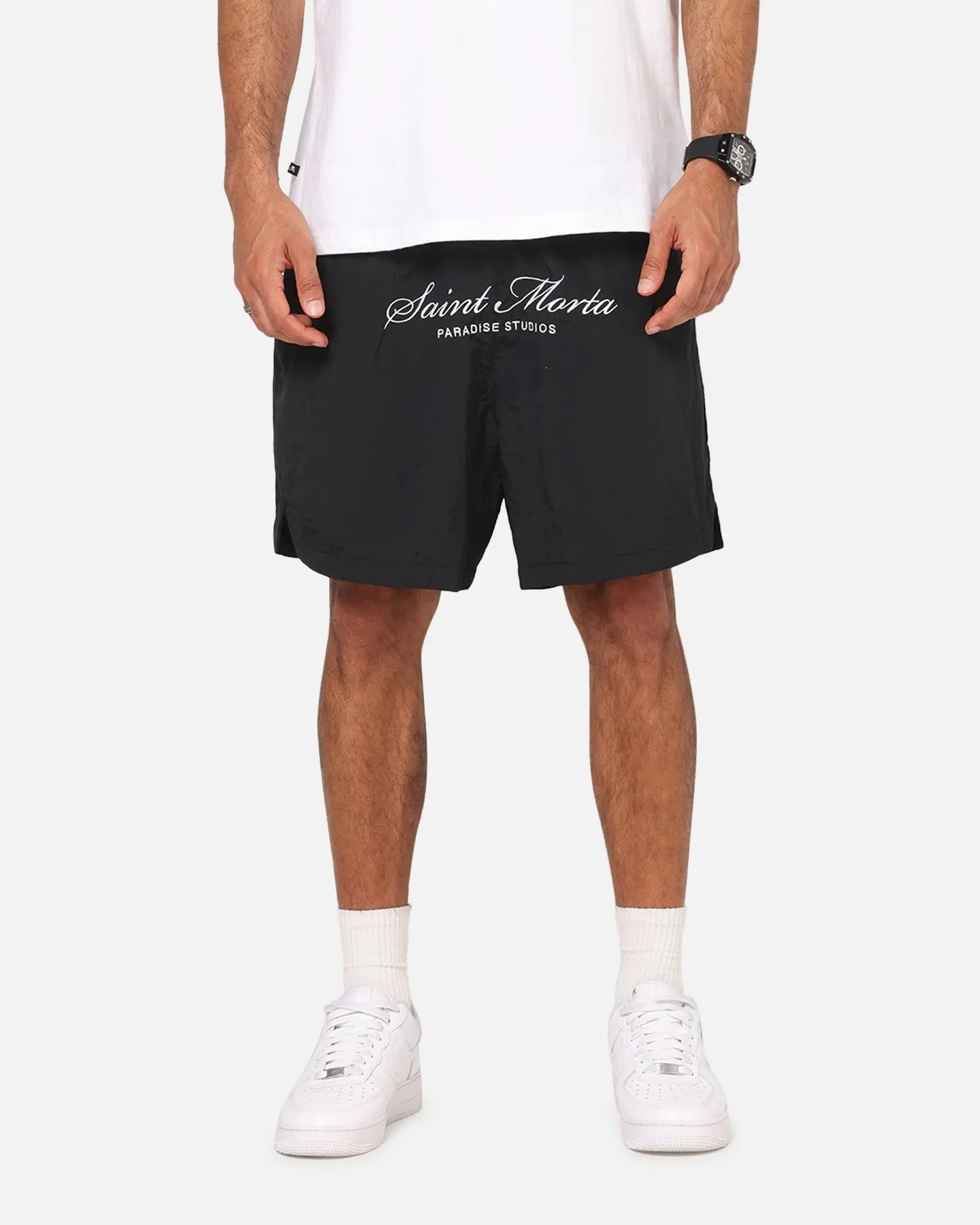 Saint Morta Saint Studios Logo Nylon Shorts Black Chill Vibes