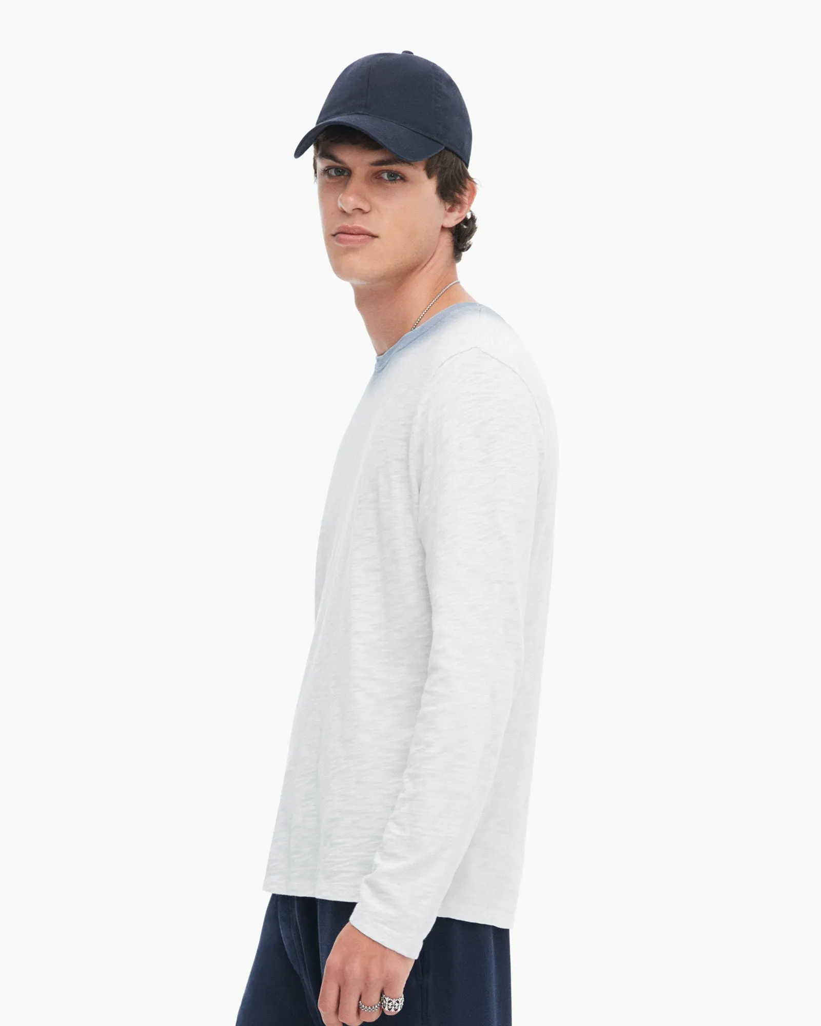 Spray Treatment Slub Jersey Destroyed Long Sleeve Crew Neck Tee - Silver-Wash Navy crew neck Essential layering piece