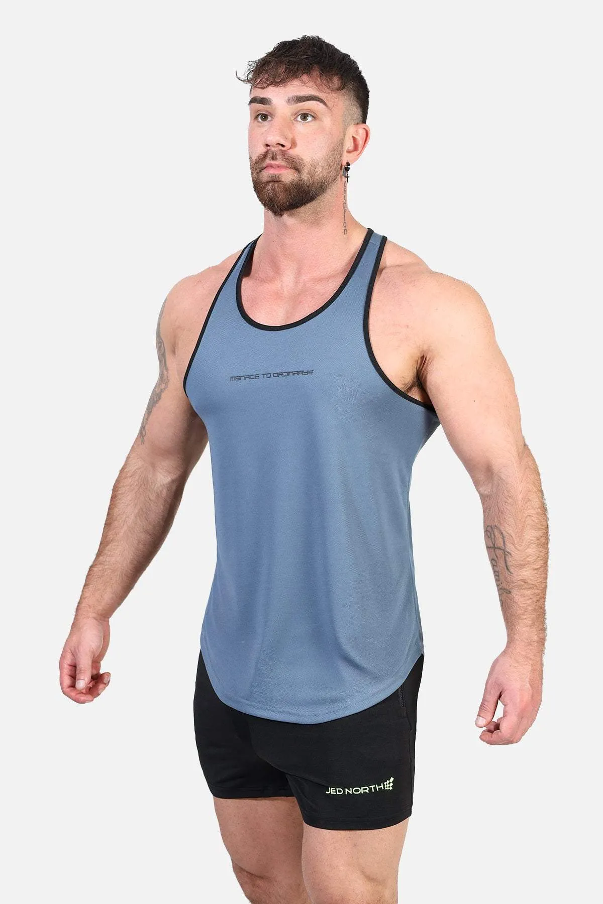 Fast-Dry Bodybuilding Workout Stringer - Gray with Black group use Ribbed collar