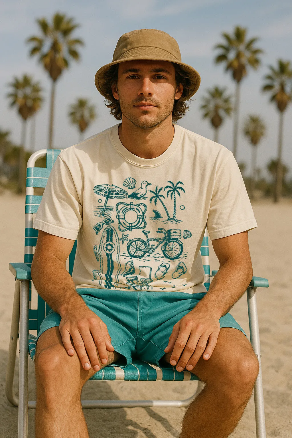 Beach Stuff Tee-Vintage Ivory Ribbed Collar Design Relaxed Movement