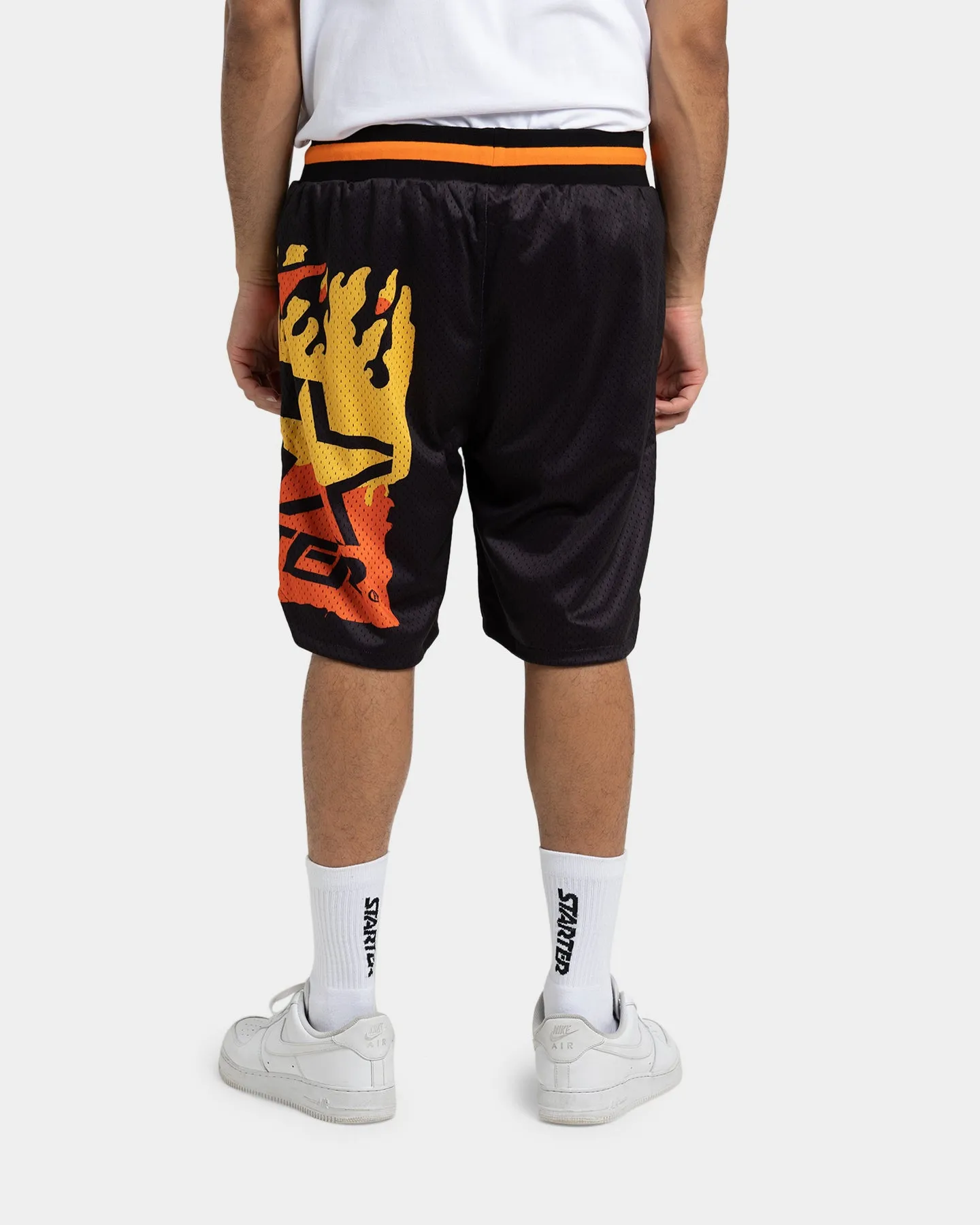 Silk Touch Wrinkle Resistant Material Starter Hot Fire Basketball Shorts Black