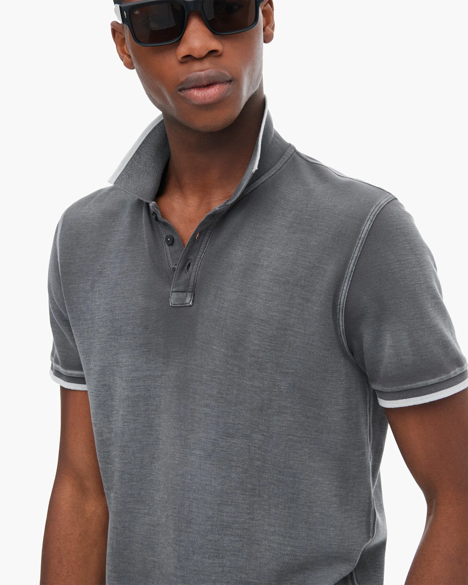 Summer Camp Pique Pigment Wash Short Sleeve Polo with Tipping  - Slate Grey