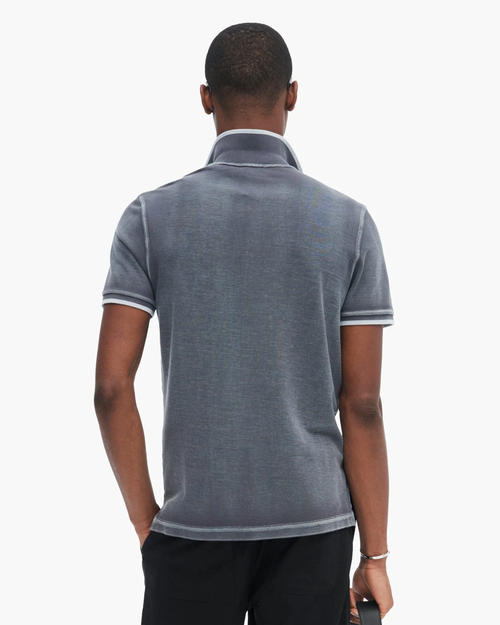 Pique Pigment Wash Short Sleeve Polo with Tipping  - Slate Grey Quick Release Placket