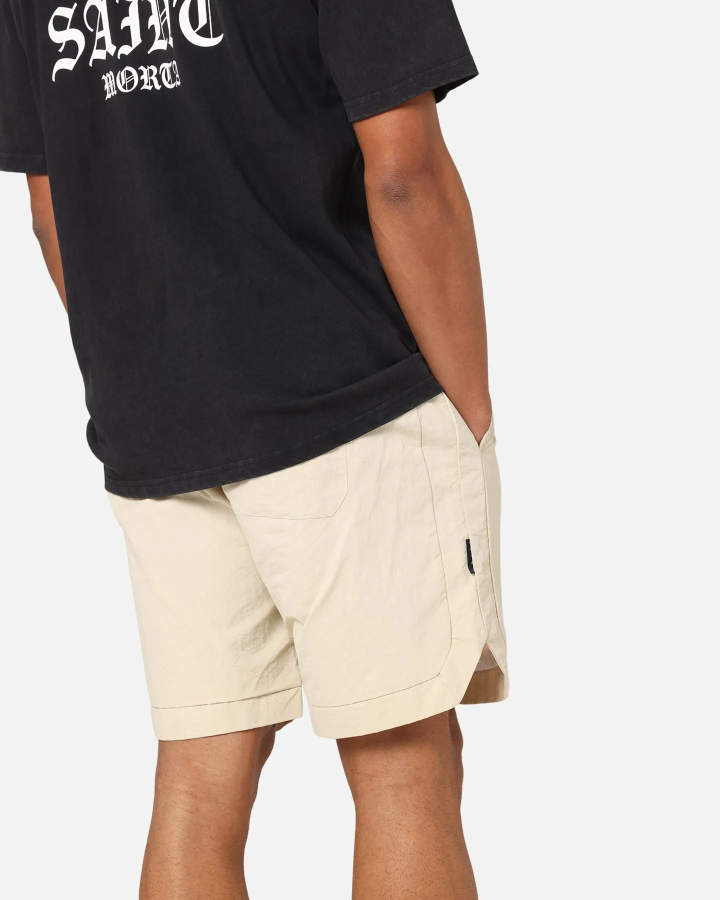 Saint Morta Gothic Monogram Nylon Shorts Dirty Blonde Stretch Layer Adjustable Drawcord