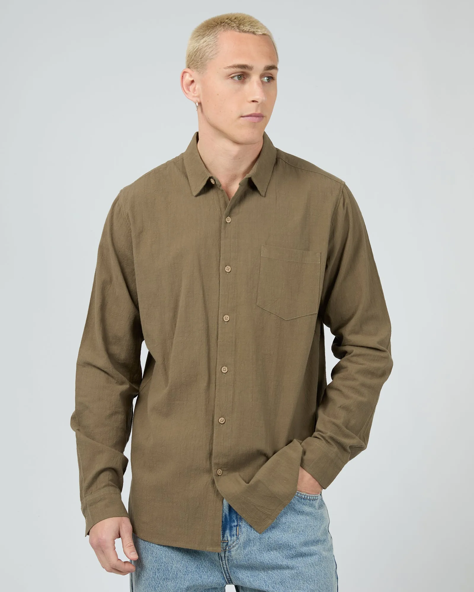 Yoke Design Comfortable Design Texture Long Sleeve Shirt Khaki
