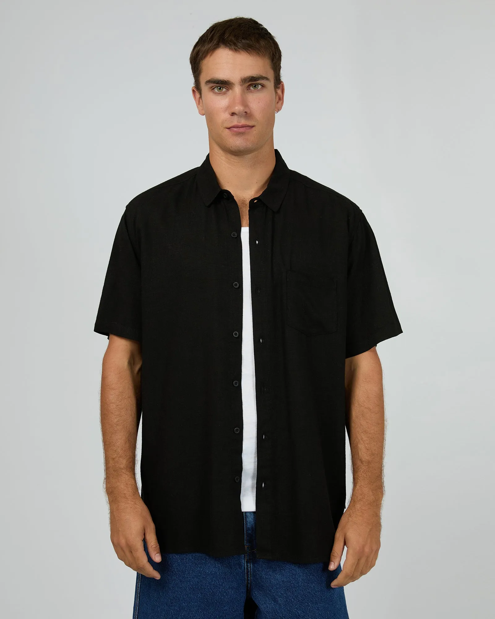 Textured Linen SS Shirt Black Odor control