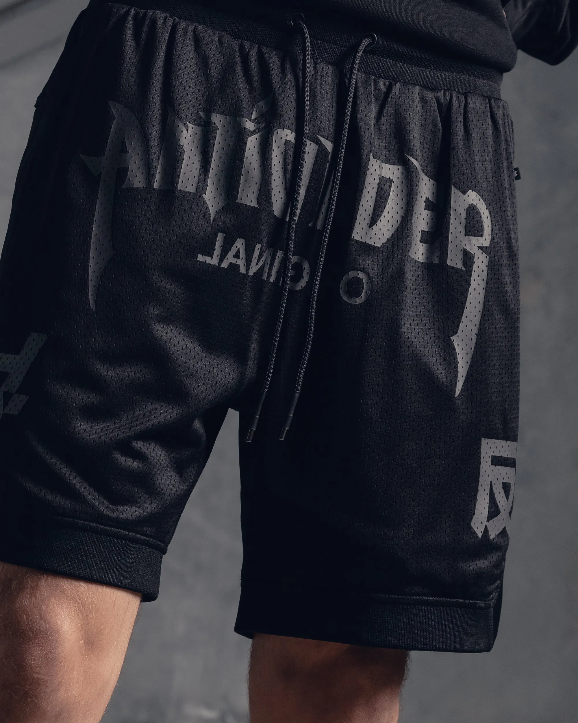 The Anti Order Shibuya Markets Mesh Shorts Black/Grey stretchy fabric Breeze Friendly