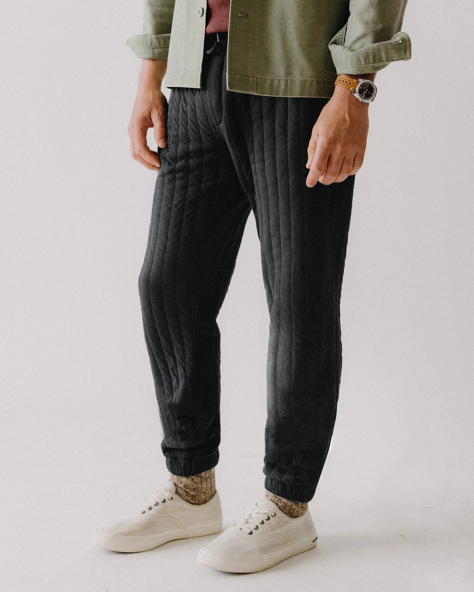 The Apres Pant in Heather Coal Quilted Jersey Distressed finish OdorResistant
