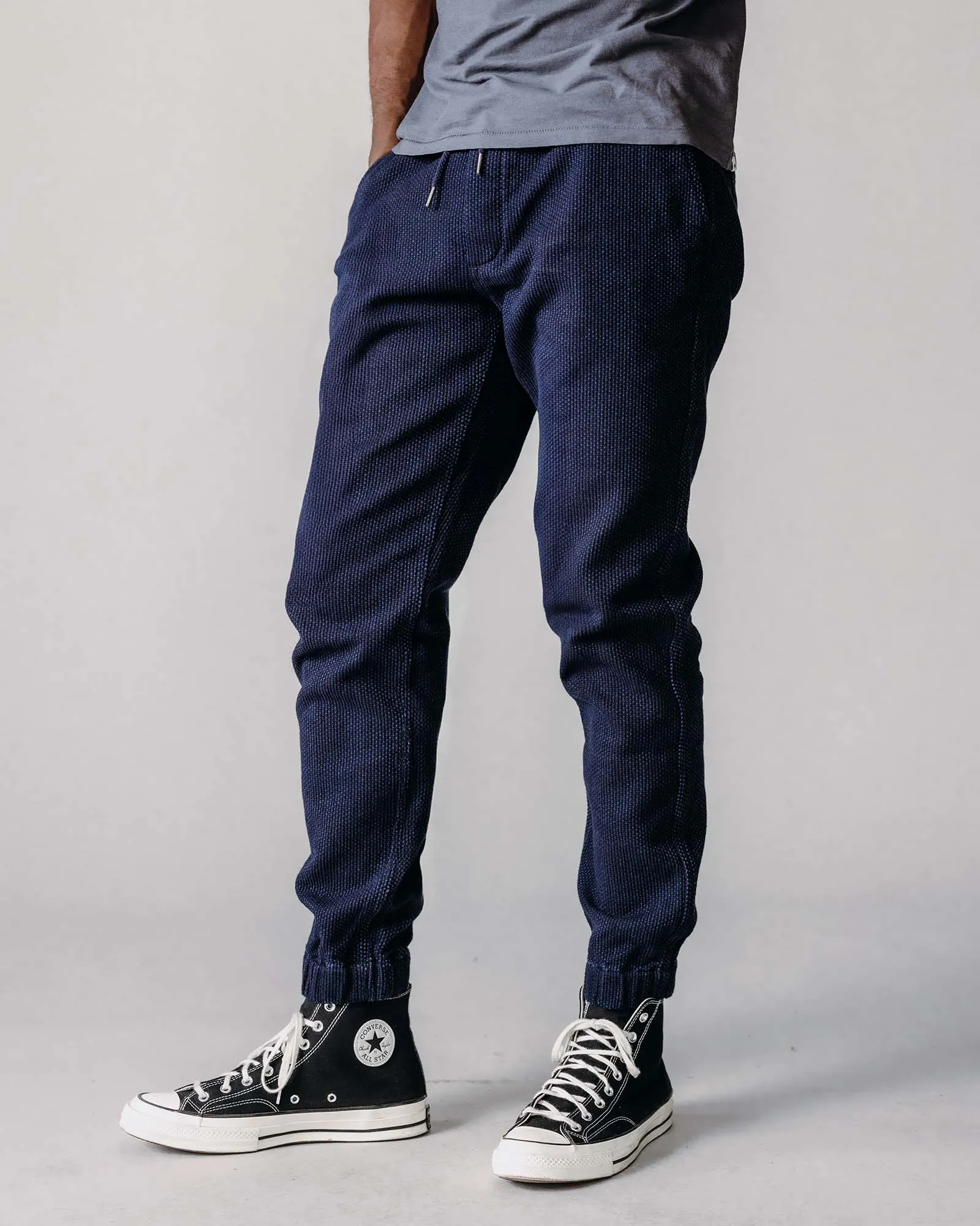 Low Bulk Material The Apres Pant in Rinsed Indigo Sashiko