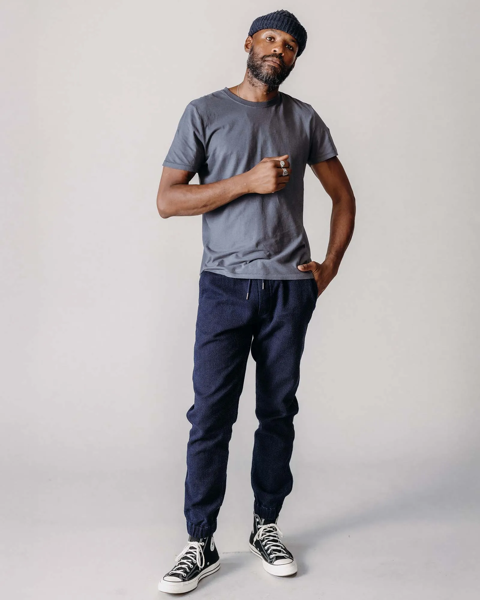 The Apres Pant in Rinsed Indigo Sashiko Seamless Design Timeless Style