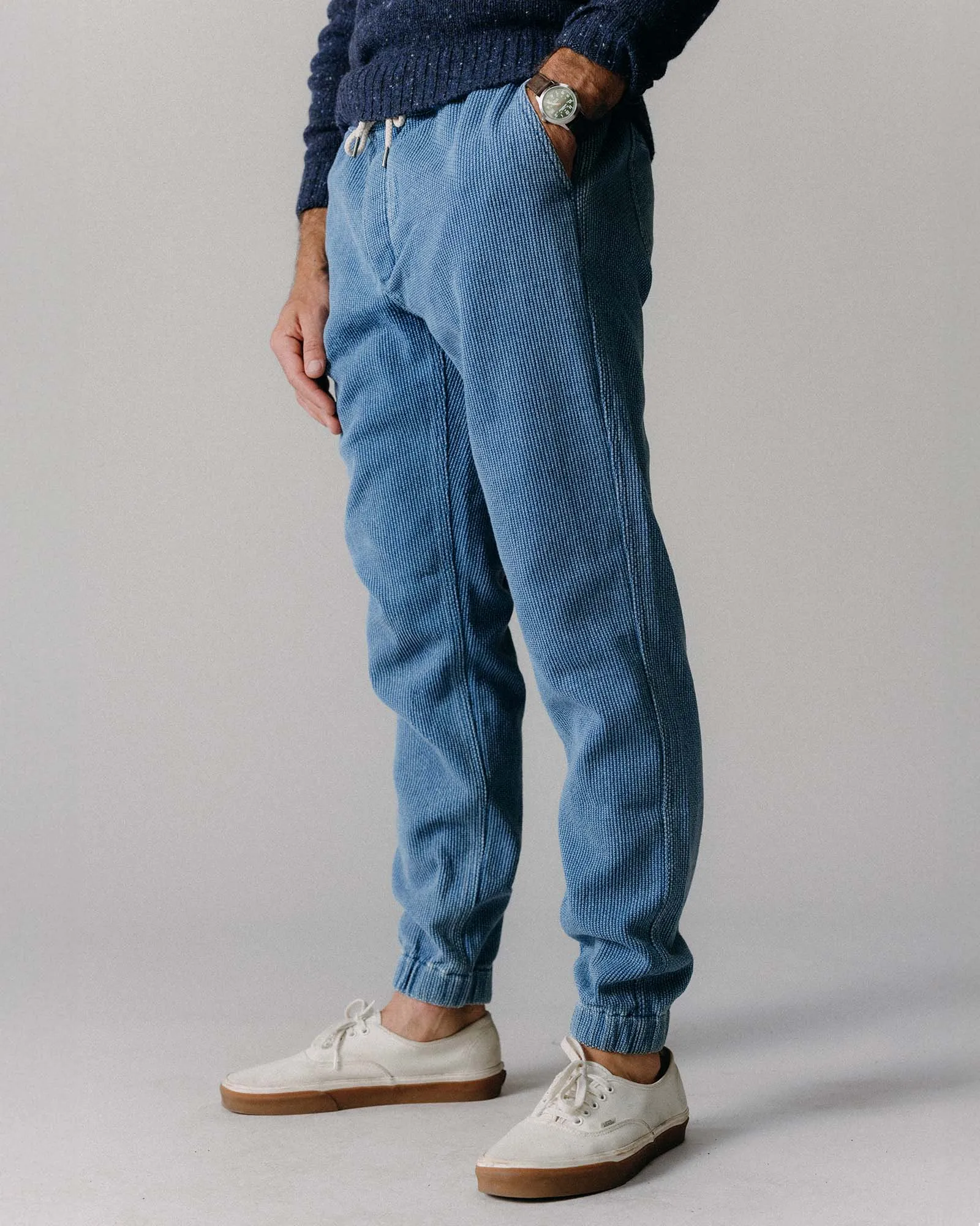 The Apres Pant in Washed Indigo Sashiko Outdoor Essentials Comfy Feel