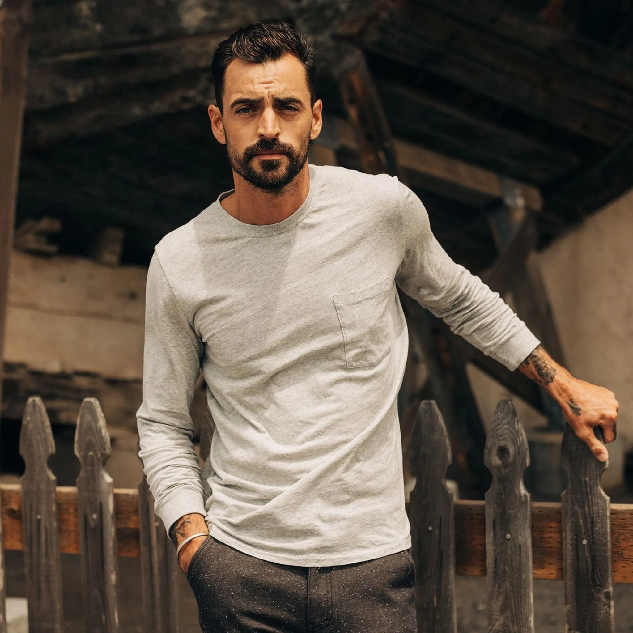 Cashmere combination Light and Soft The Cotton Hemp Long Sleeve Tee in Heather Grey