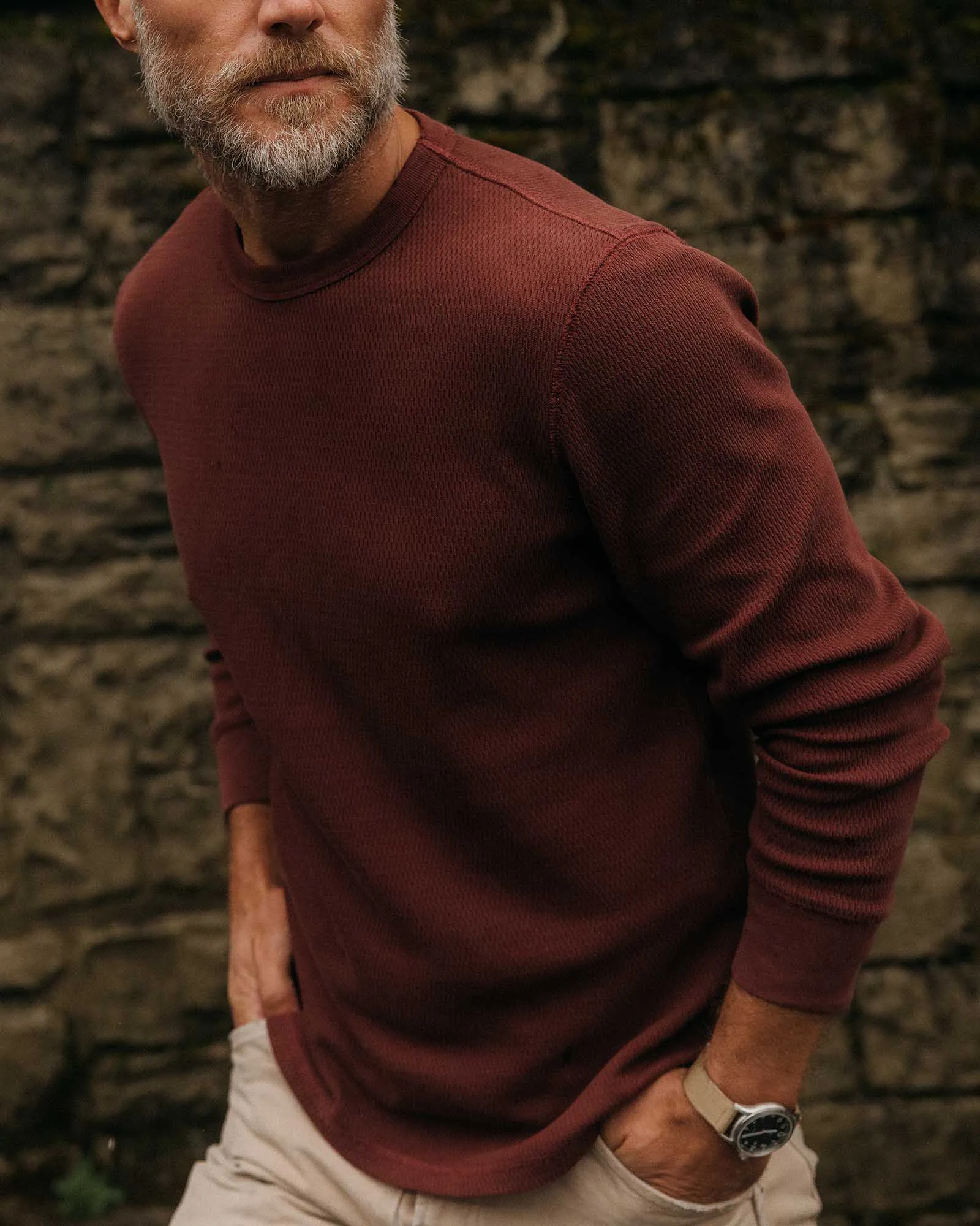 Light Fit Wear Cozy Layer The Organic Cotton Crew in Burgundy Waffle