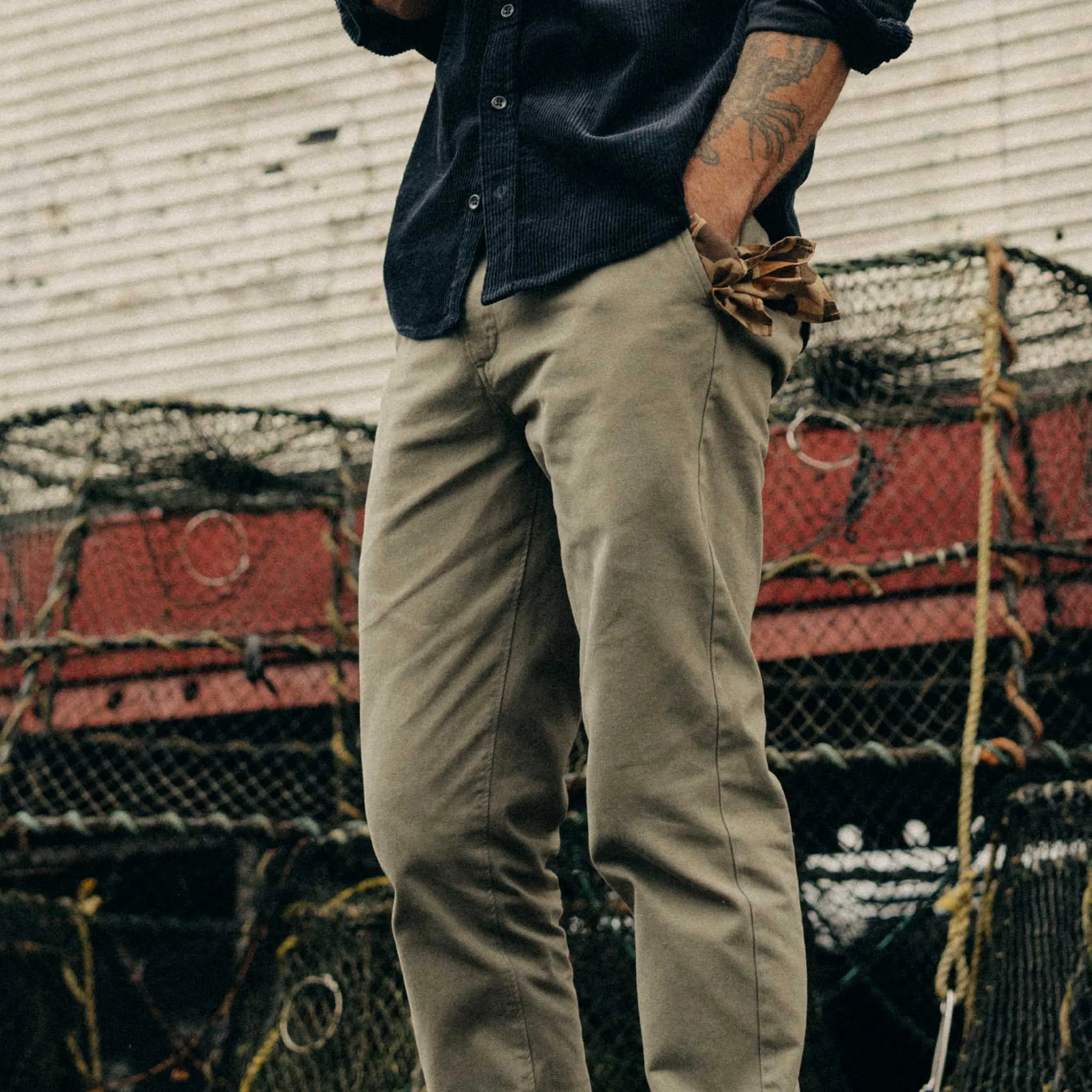 The Slim Foundation Pant in Organic Smoked Olive Sleek Look Modern Fit