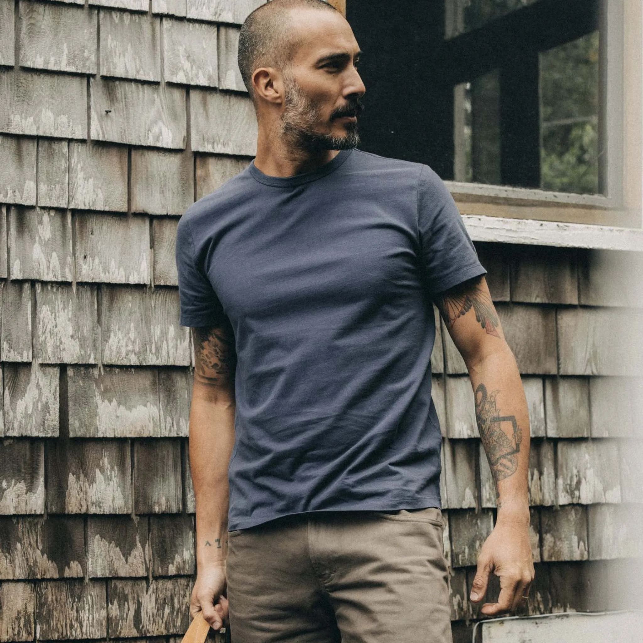 The Organic Cotton Tee in Navy Subtle Embroidery Outdoor Essentials