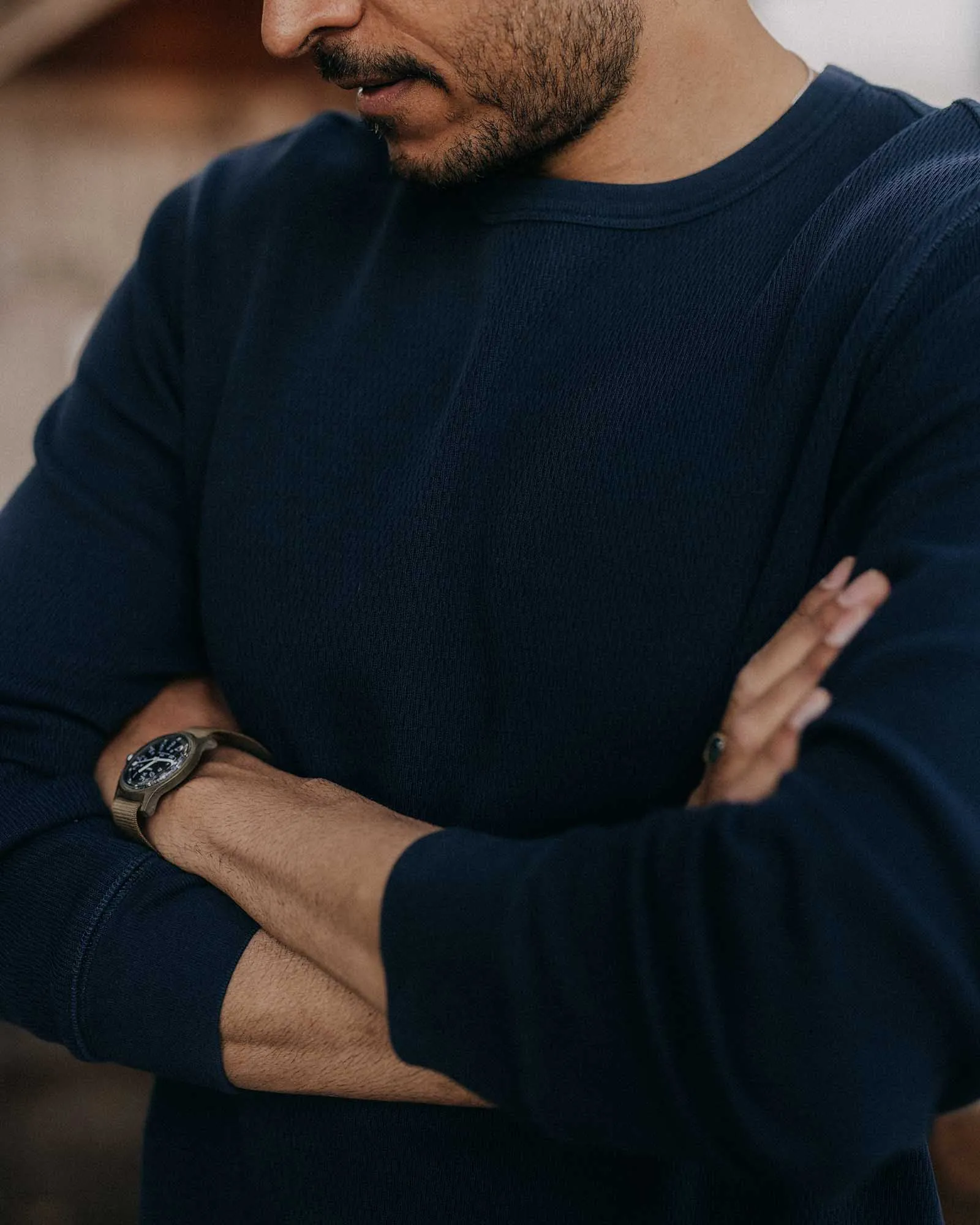 The Organic Cotton Crew in Dark Navy Waffle Ethically Sourced Material Active Trend