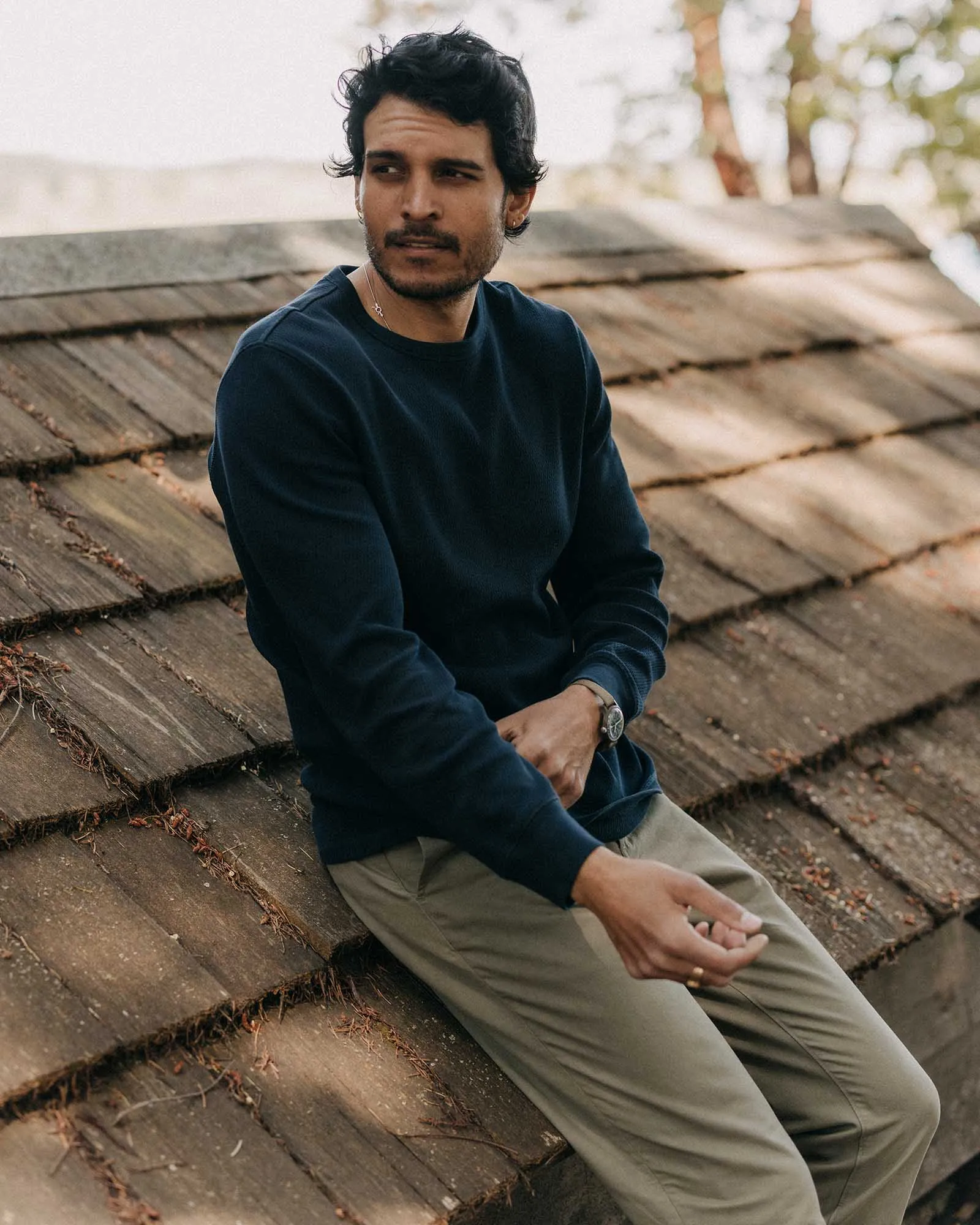 Elderly Comfort The Organic Cotton Crew in Dark Navy Waffle