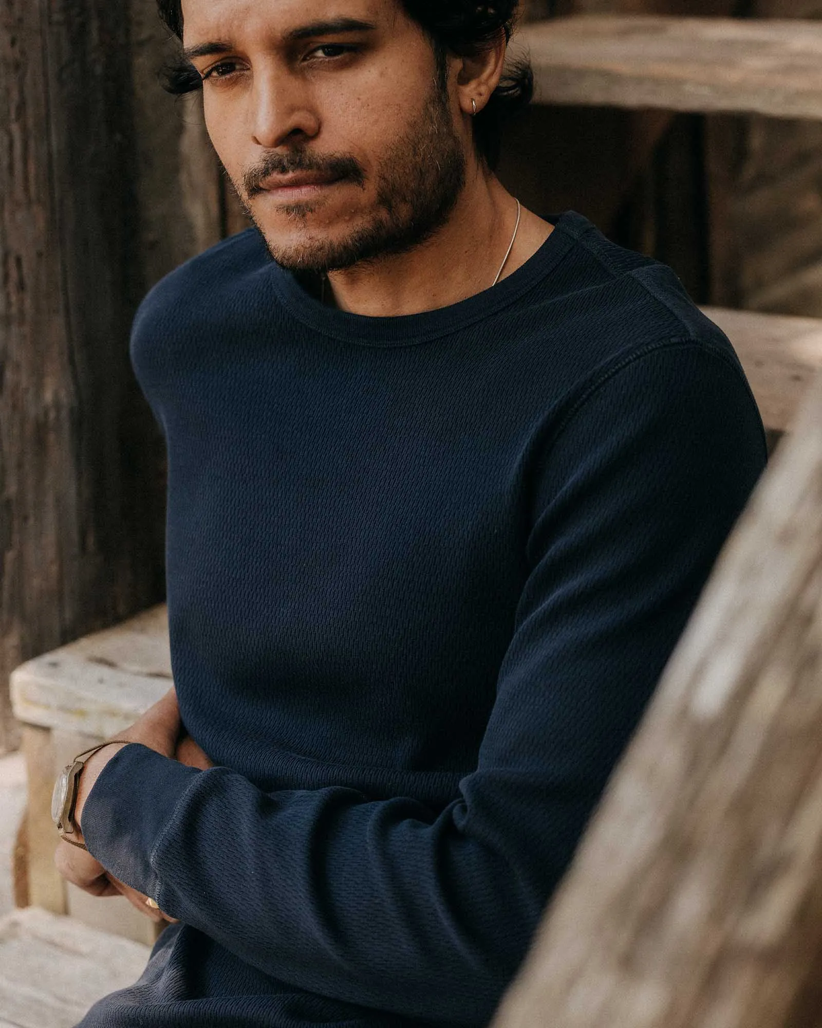 Simple and Light The Organic Cotton Crew in Dark Navy Waffle