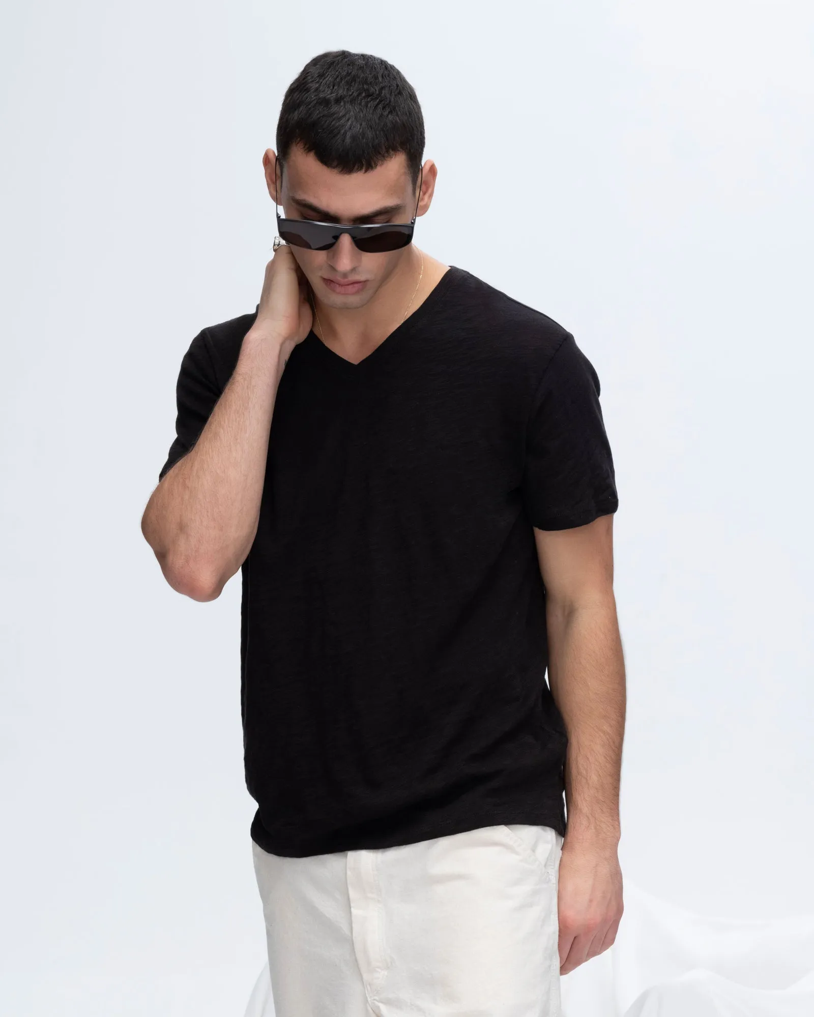 Slub Jersey V-Neck Tee - Black elastic waistband Holiday Trend
