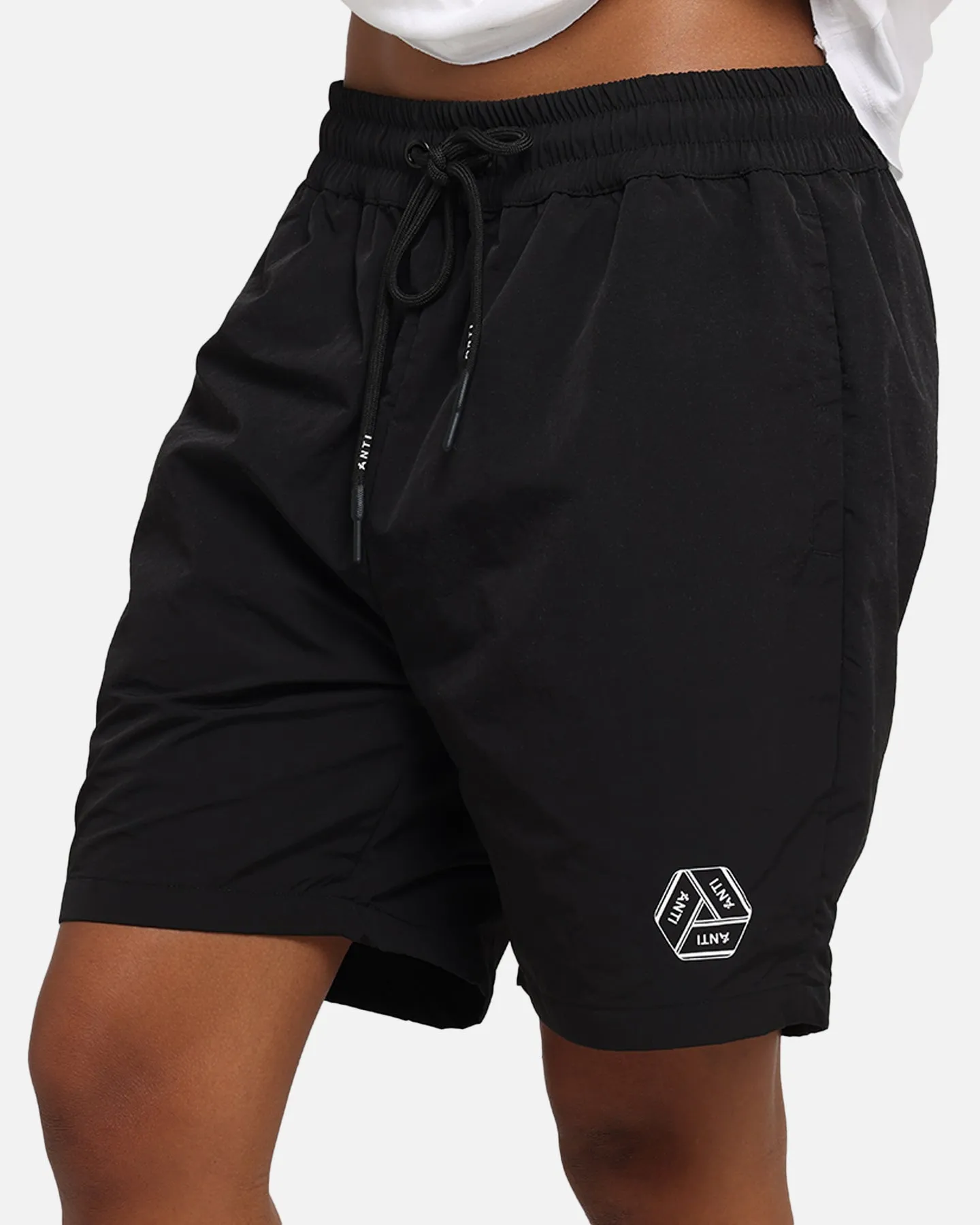 Contoured Cuff Design handmade touch The Anti Order Reverse Logo Nylon Shorts Black