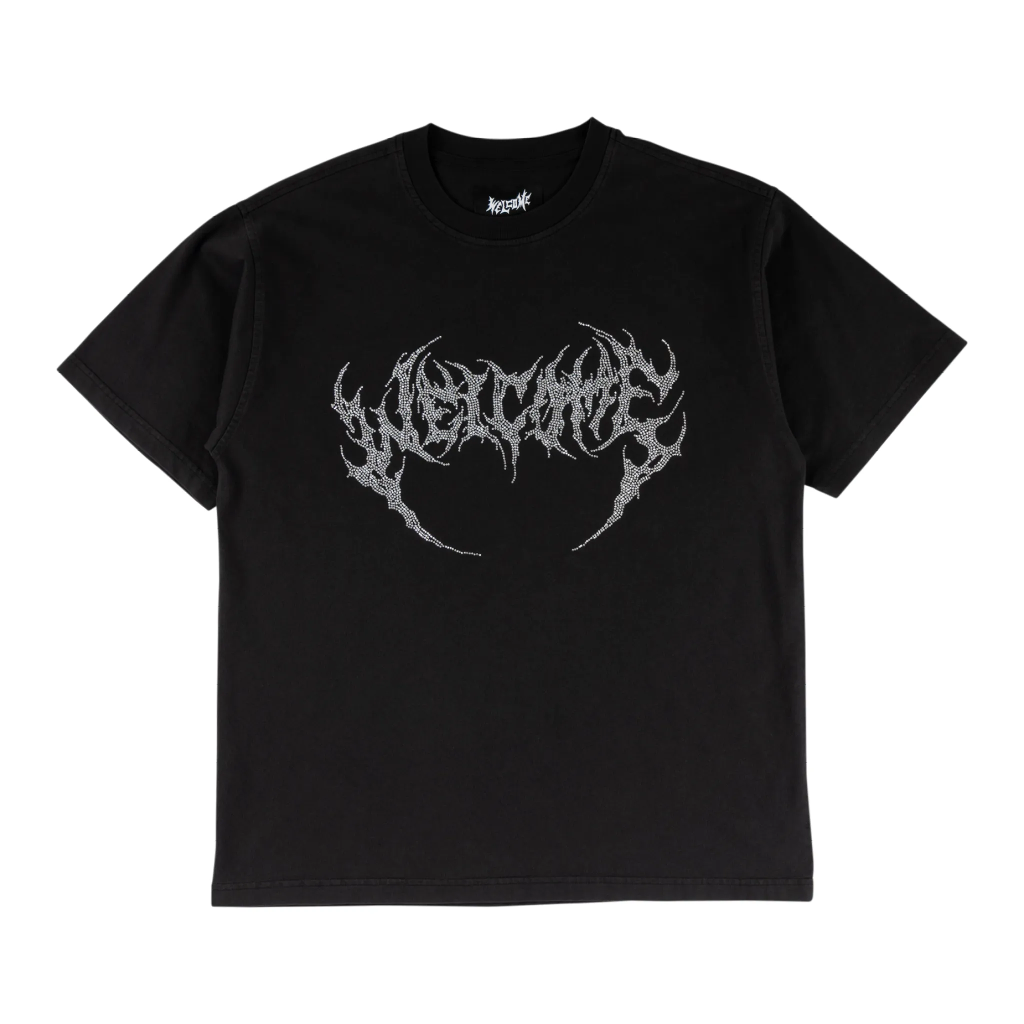 Elegant and Relaxed NonRestrictive Cut Glam Fang Rhinestone Logo Knit Tee