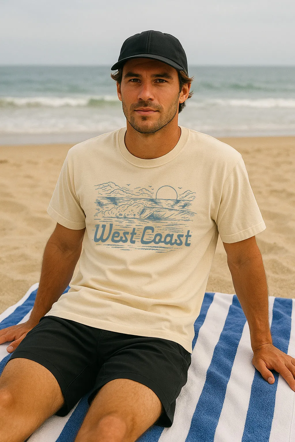 West Coast Wave Tee-Vintage Ivory Distressed Hem Finish Reinforced Hems